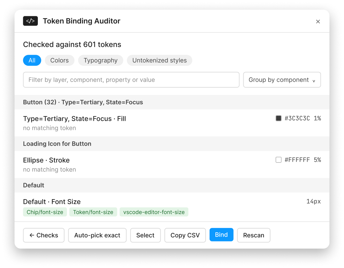 The Token Binding Auditor plugin panel, checked against 601 tokens, listing values with no matching token