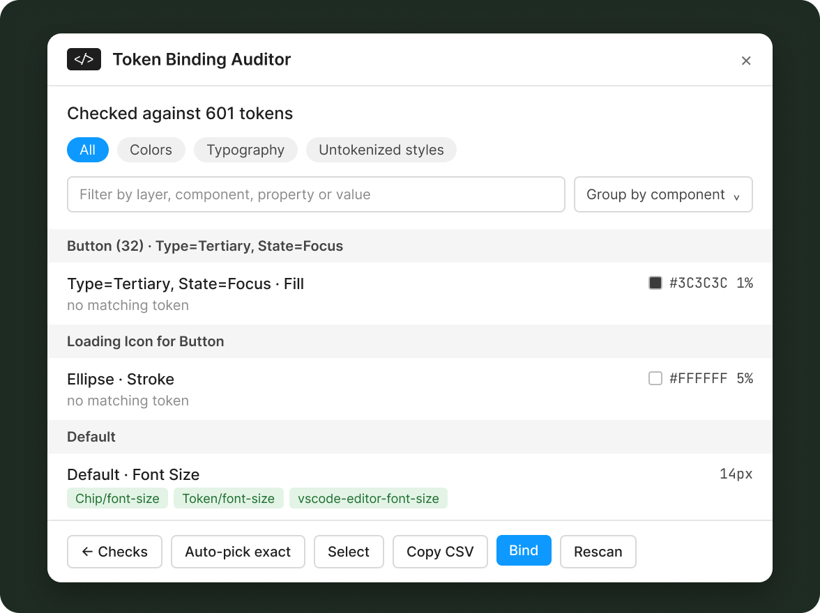 The Token Binding Auditor panel: checked against 601 tokens, with filters for colors, typography and untokenized styles, findings grouped by component, suggested font-size tokens, and Auto-pick exact, Bind and Copy CSV buttons
