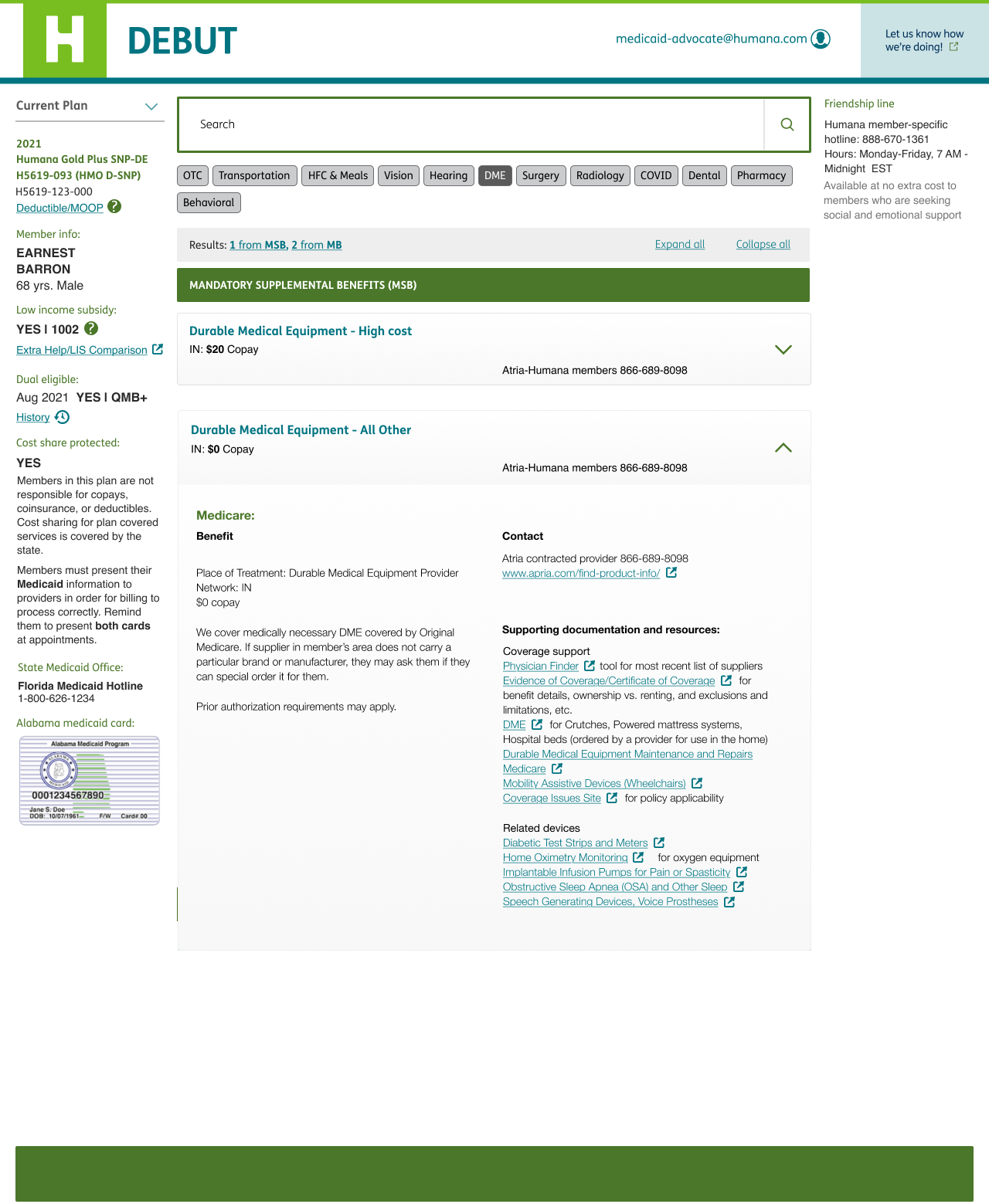 The DEBUT agent screen with member plan details on the left, benefits search in the middle and resources on the right, shown with sample data