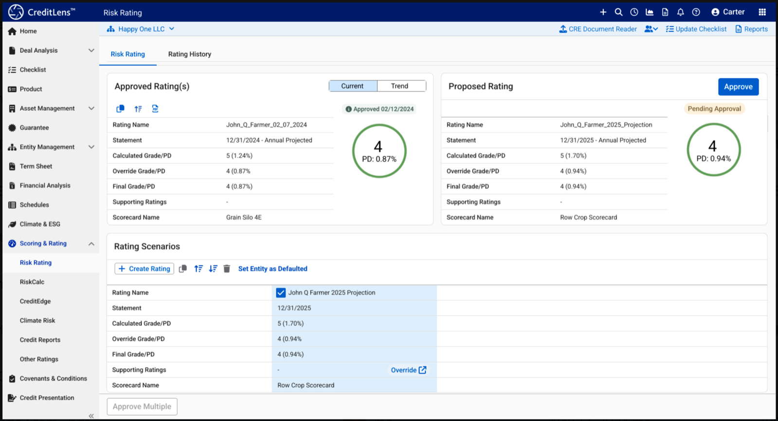 The redesigned CreditLens Risk Rating screen with approved and proposed ratings side by side