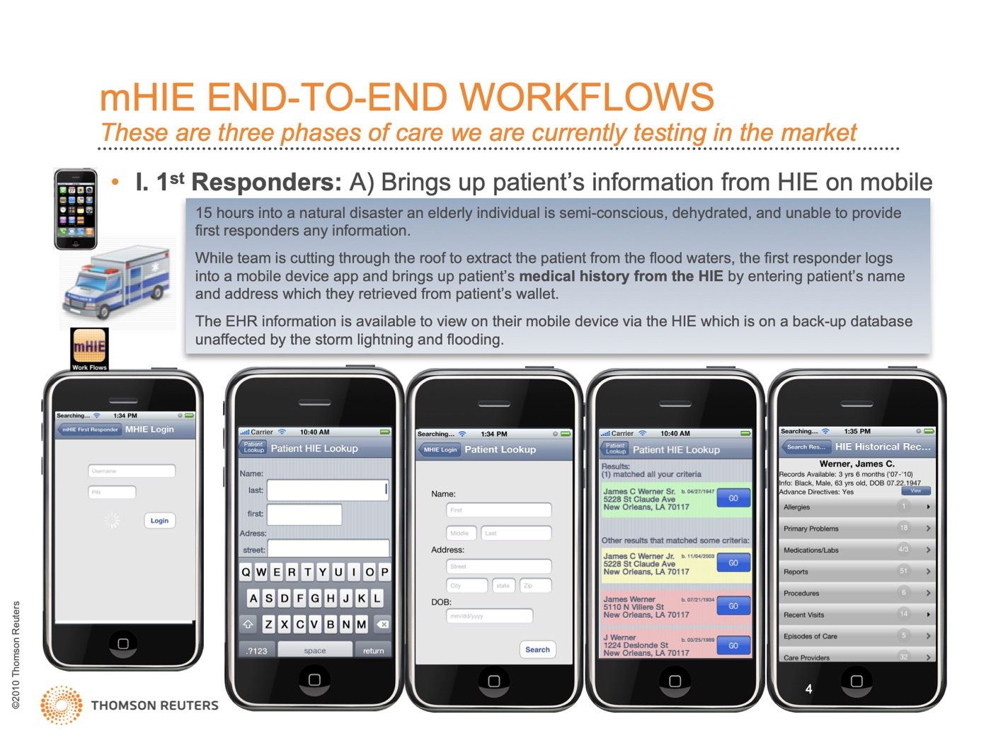 Slide with five iPhone screens of a first responder looking up a patient's record from the HIE
