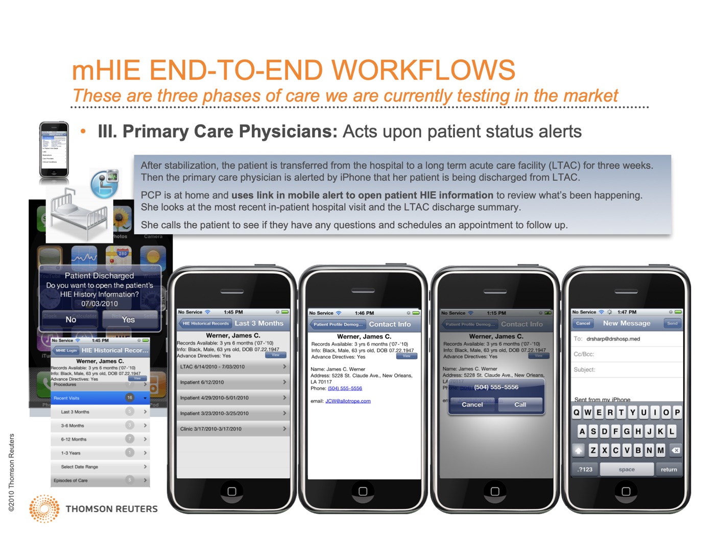 Slide with iPhone screens of a discharge alert opening a patient's HIE history