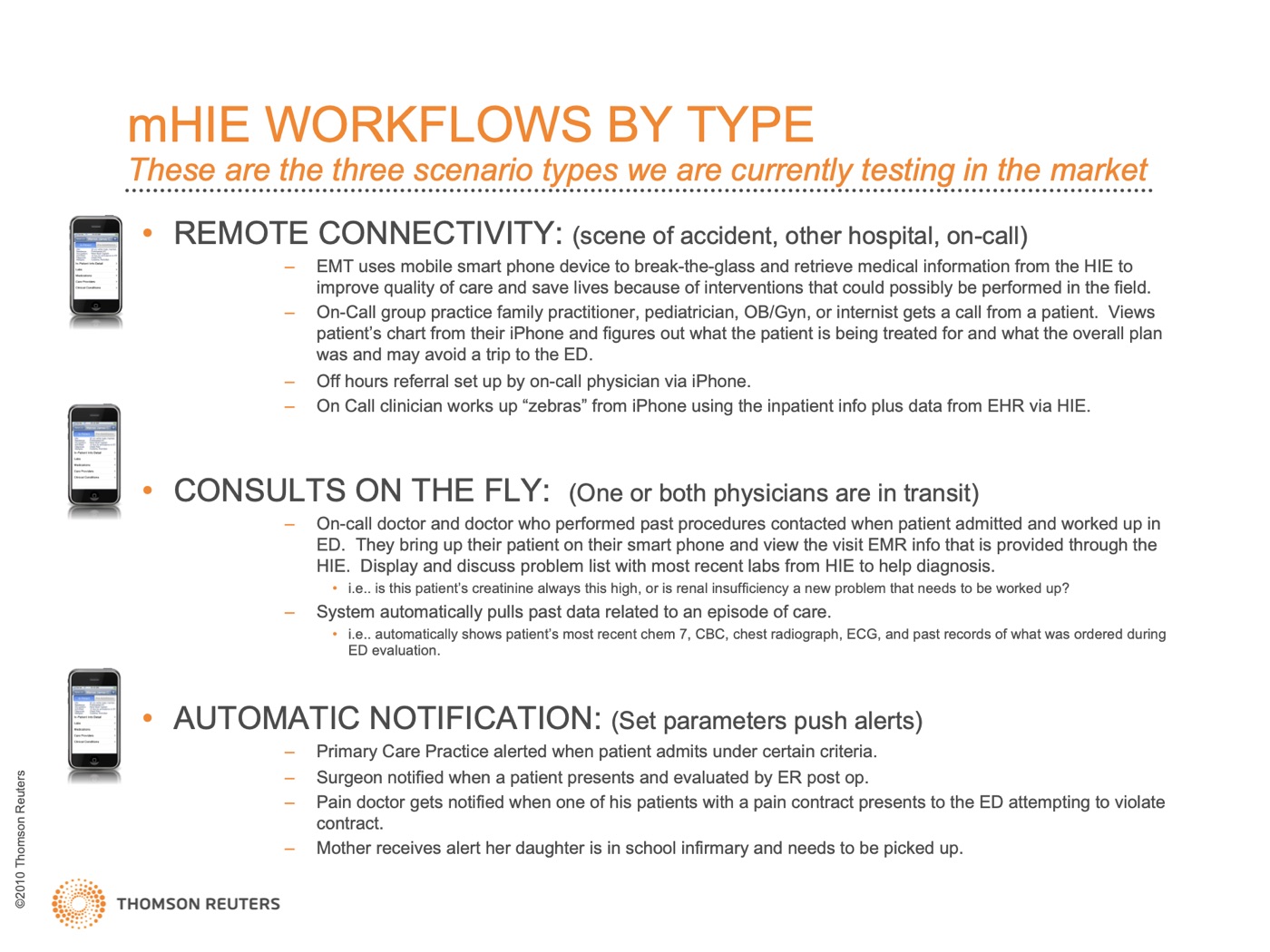 Slide titled mHIE workflows by type: remote connectivity, consults on the fly and automatic notification