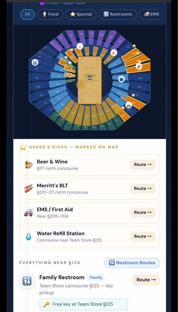 Usher's Toolkit map with picks marked near section 124