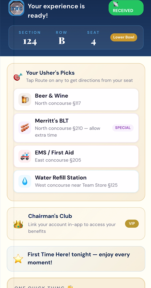 Usher's Toolkit fan screen showing the fan's seat and nearby recommendations