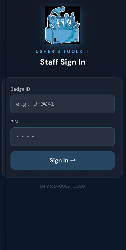 The usher's sign-in screen